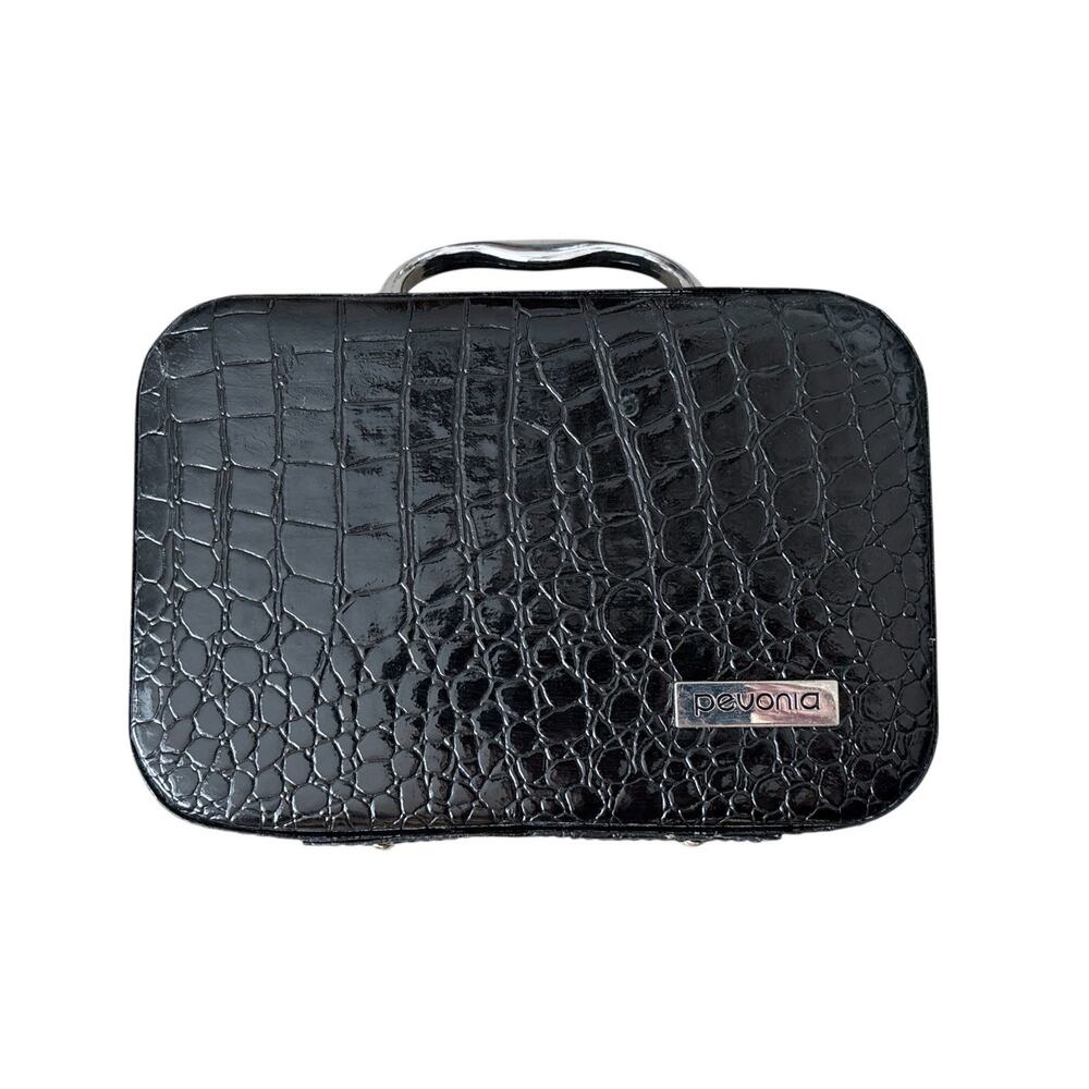 Pevonia Black Faux Leather Croc Embossed Makeup Train Case Travel Vanity Zip